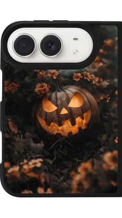 Coque iPhone Duo - Silicone rigide noir Halloween 2025 Pumpkin with flowers