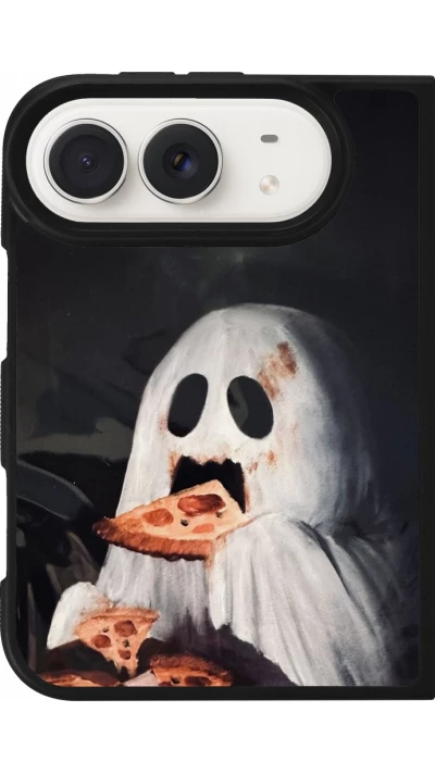 Coque iPhone Duo - Silicone rigide noir Halloween 2026 Ghost eating pizza