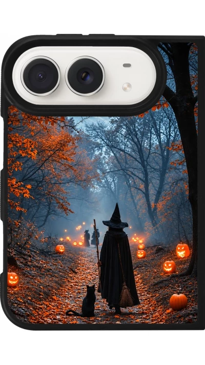 Coque iPhone Duo - Silicone rigide noir Halloween 2026 Witch with a cat