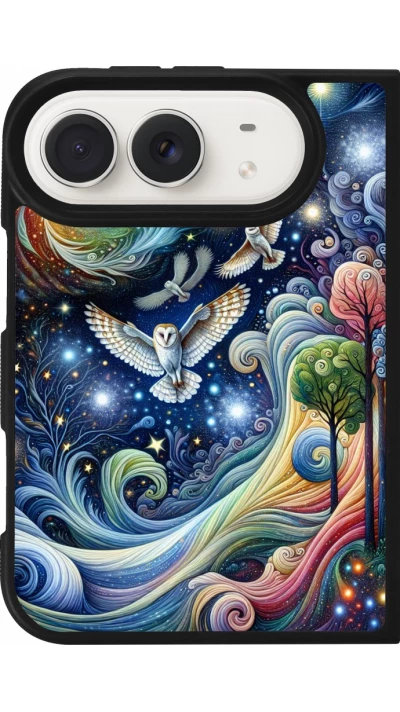 Coque iPhone Duo - Silicone rigide noir hibou volant floral
