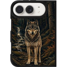 Coque iPhone Duo - Silicone rigide noir Linocut Loup