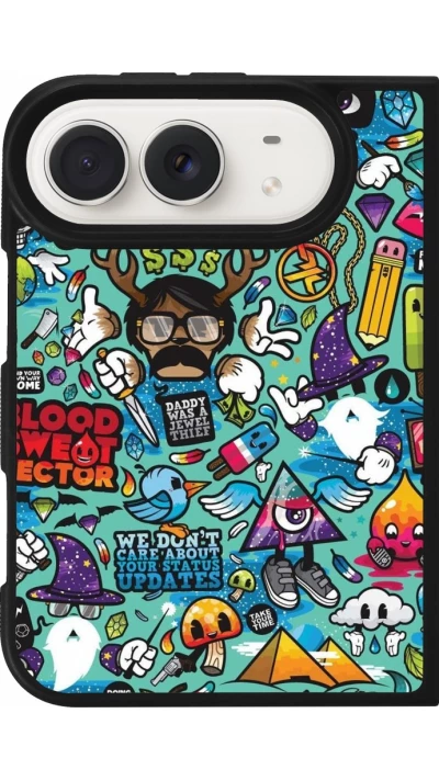 Coque iPhone Duo - Silicone rigide noir Mixed Cartoons Turquoise