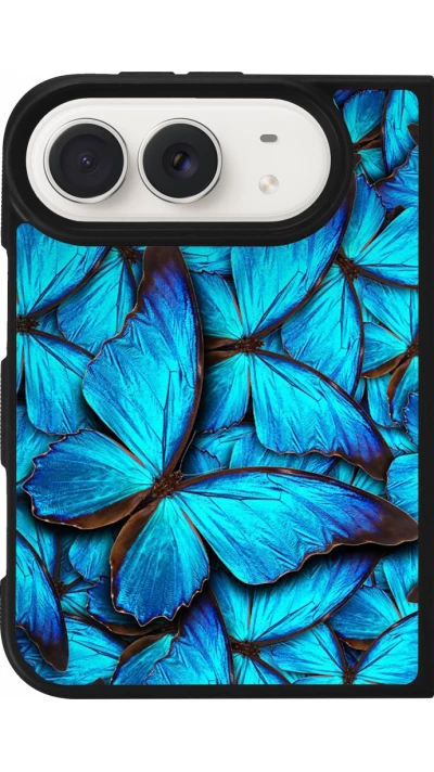 Coque iPhone Duo - Silicone rigide noir Papillon bleu