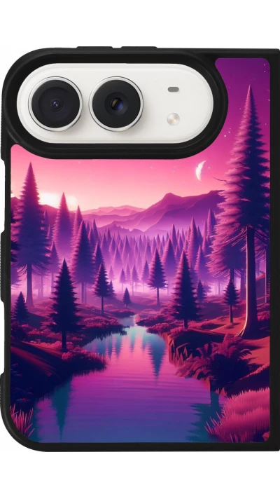 Coque iPhone Duo - Silicone rigide noir Paysage Violet-Rose