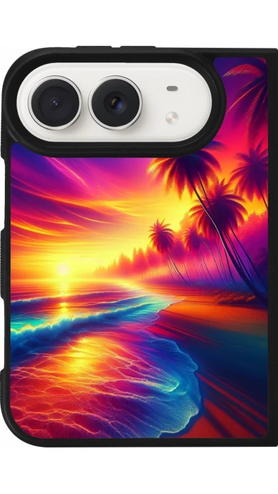 Coque iPhone Duo - Silicone rigide noir Plage coucher soleil flashy