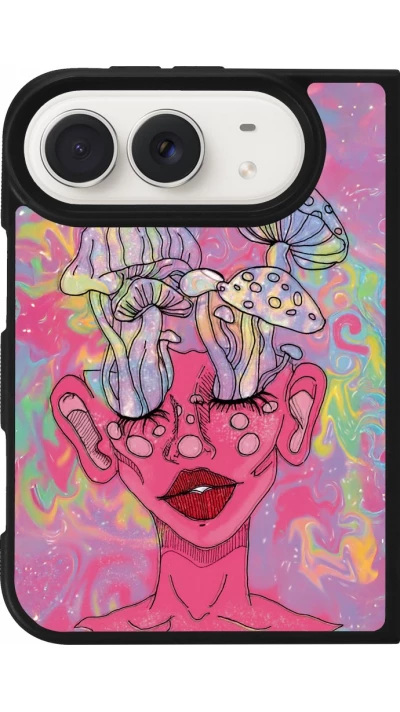 Coque iPhone Duo - Silicone rigide noir Psychedelic pink mushroom