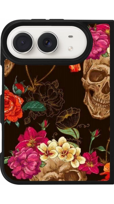 Coque iPhone Duo - Silicone rigide noir Skulls and flowers