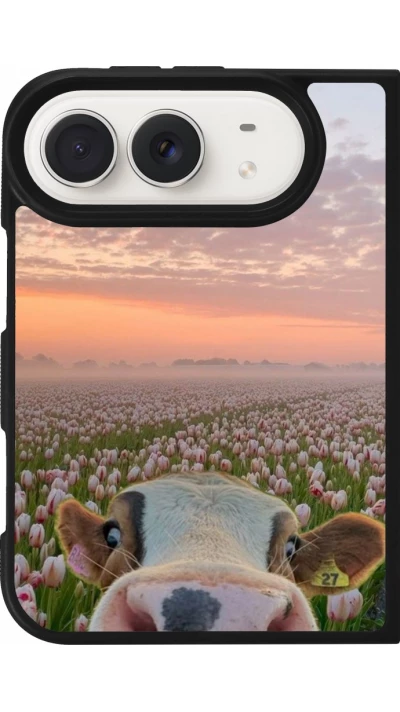Coque iPhone Duo - Silicone rigide noir Cow with tulips Spring 2026