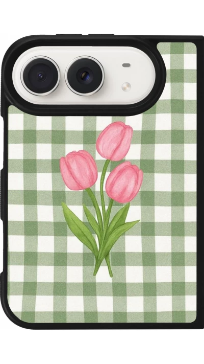 Coque iPhone Duo - Silicone rigide noir Green vichy tulips Spring 2026