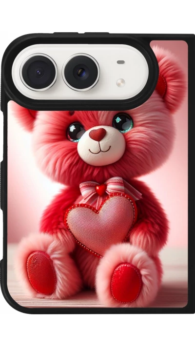 Coque iPhone Duo - Silicone rigide noir Valentine 2024 Ourson rose