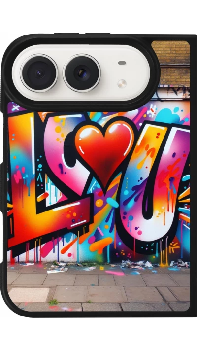 Coque iPhone Duo - Silicone rigide noir Valentine 2025 Love U Tag