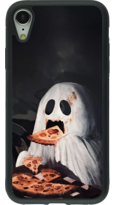 Coque iPhone XR - Silicone rigide noir Halloween 2026 Ghost eating pizza