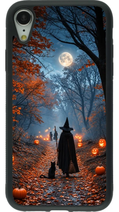 Coque iPhone XR - Silicone rigide noir Halloween 2026 Witch with a cat