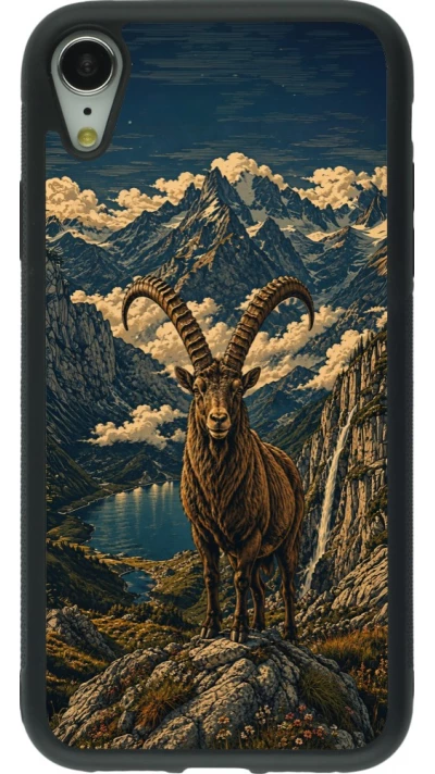 Coque iPhone XR - Silicone rigide noir Linocut Bouquetin