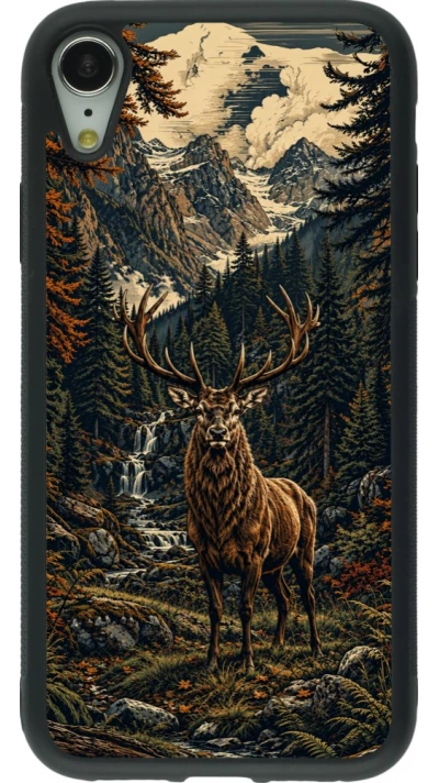 Coque iPhone XR - Silicone rigide noir Linocut Cerf