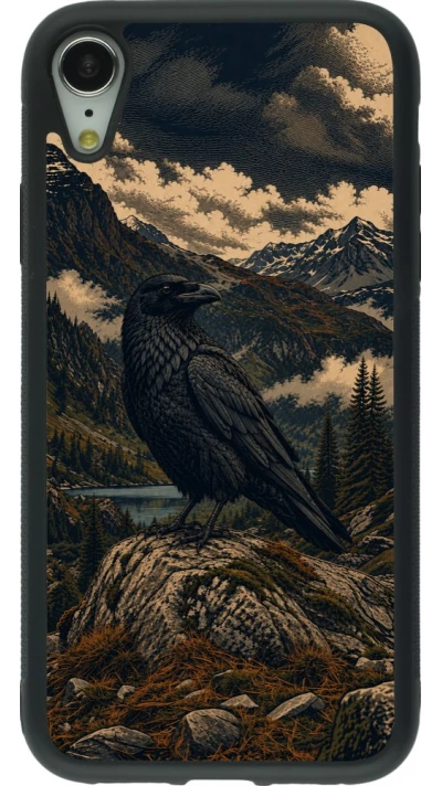 Coque iPhone XR - Silicone rigide noir Linocut Grand Corbeau