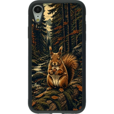 Coque iPhone XR - Silicone rigide noir Linocut Ecureuil