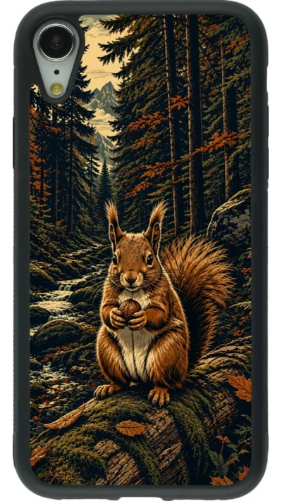 Coque iPhone XR - Silicone rigide noir Linocut Ecureuil
