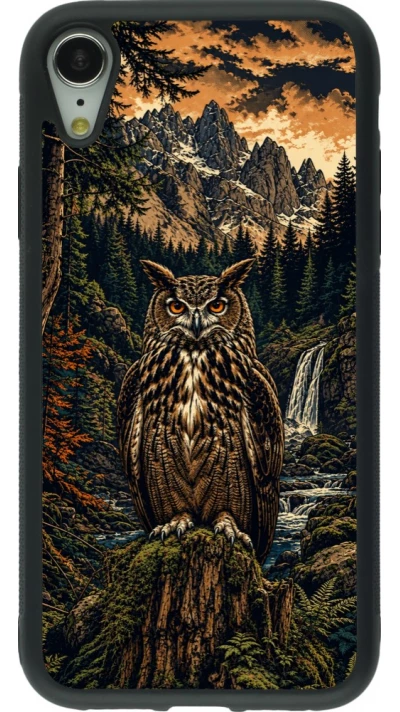 Coque iPhone XR - Silicone rigide noir Linocut Grand-Duc