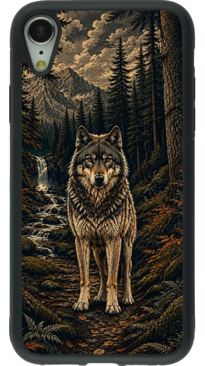 Coque iPhone XR - Silicone rigide noir Linocut Loup