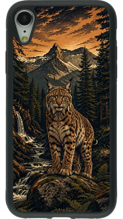 Coque iPhone XR - Silicone rigide noir Linocut Lynx