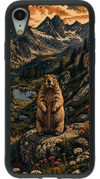 Coque iPhone XR - Silicone rigide noir Linocut Marmotte