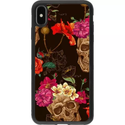 Coque iPhone Xs Max - Silicone rigide noir Skulls and flowers