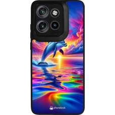Coque Motorola Moto S50 - Silicone rigide noir Dauphin arc-en-ciel heureux