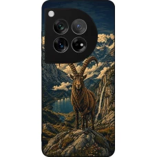 Coque OnePlus 12 - Silicone rigide noir Linocut Bouquetin