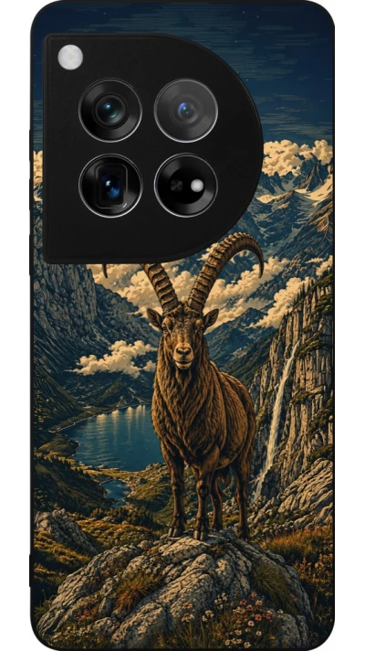 Coque OnePlus 12 - Silicone rigide noir Linocut Bouquetin