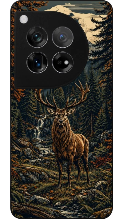 Coque OnePlus 12 - Silicone rigide noir Linocut Cerf