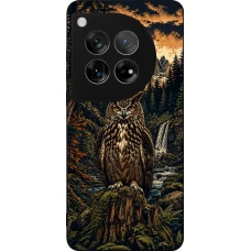 Coque OnePlus 12 - Silicone rigide noir Linocut Grand-Duc