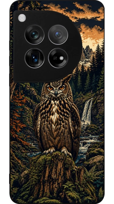 Coque OnePlus 12 - Silicone rigide noir Linocut Grand-Duc