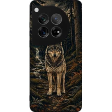 Coque OnePlus 12 - Silicone rigide noir Linocut Loup