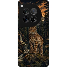 Coque OnePlus 12 - Silicone rigide noir Linocut Lynx
