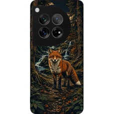 Coque OnePlus 12 - Silicone rigide noir Linocut Renard