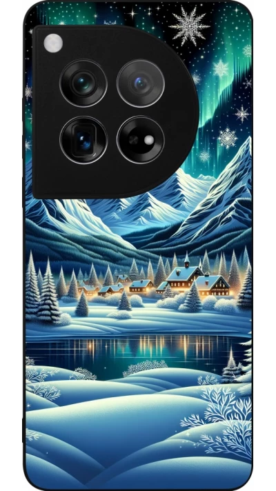 Coque OnePlus 12 - Silicone rigide noir Snowy Mountain Village Lake night