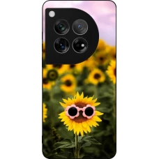 Coque OnePlus 12 - Silicone rigide noir Sunflower with glasses Spring 2026