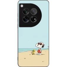 Coque OnePlus 12 - Silicone rigide noir Snoopy on the beach Summer 2026