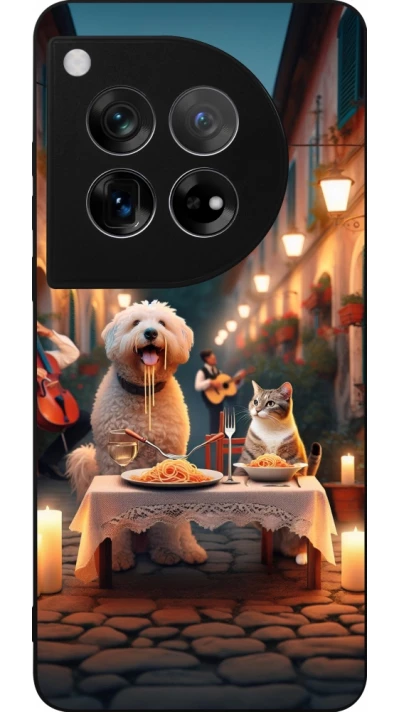 Coque OnePlus 12 - Silicone rigide noir Valentine 2024 Dog & Cat Candlelight