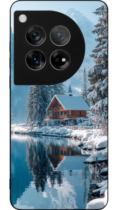 Coque OnePlus 12 - Silicone rigide noir Winter 25 Winter house forest day