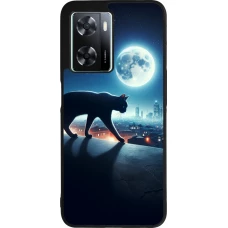 Coque OPPO A57 5G - Silicone rigide noir Chat noir sous la pleine lune