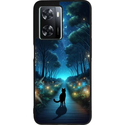 Coque OPPO A57 5G - Silicone rigide noir Chat noir promenade