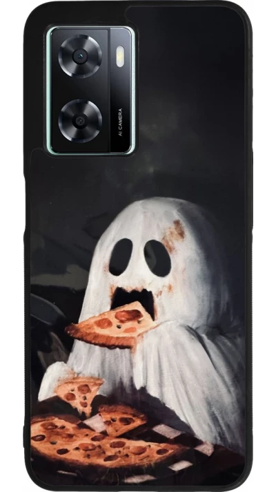 Coque OPPO A57 5G - Silicone rigide noir Halloween 2026 Ghost eating pizza