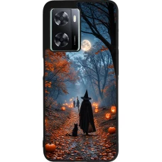 Coque OPPO A57 5G - Silicone rigide noir Halloween 2026 Witch with a cat