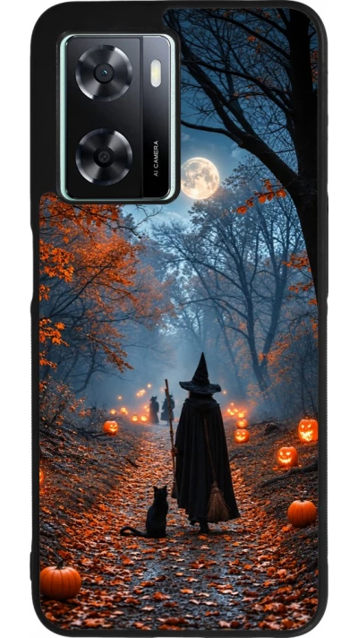 Coque OPPO A57 5G - Silicone rigide noir Halloween 2026 Witch with a cat