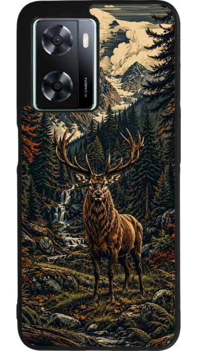Coque OPPO A57 5G - Silicone rigide noir Linocut Cerf
