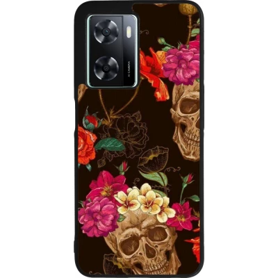 OPPO A57 5G Case Hülle - Silikon schwarz Skulls and flowers