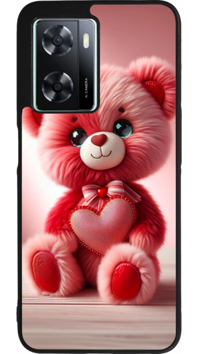 Coque OPPO A57 5G - Silicone rigide noir Valentine 2024 Ourson rose