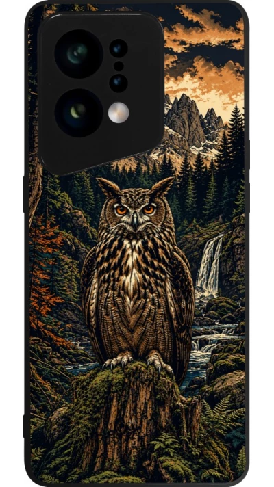 Coque OPPO Find X5 - Silicone rigide noir Linocut Grand-Duc